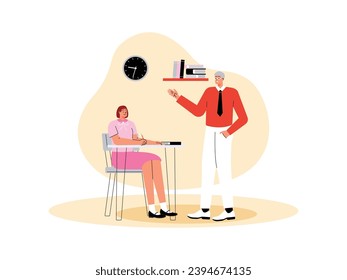 Female student taking extra hours with specific subject teacher, school vector illustration.