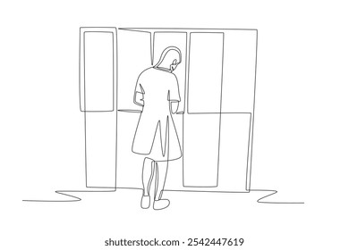 Female student taking things from locker. School locker concept one-line drawing