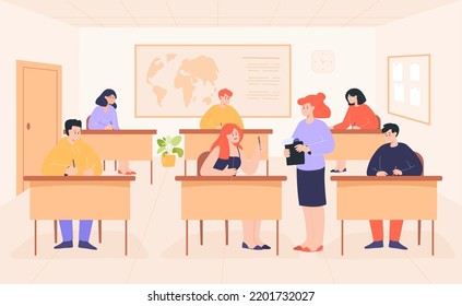 Female Student Talking To Teacher During Exam. Group Of Young People Taking Exam In Classroom Flat Vector Illustration. Education, Examination Concept For Banner, Website Design Or Landing Web Page