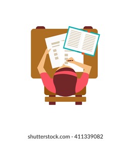 Estudiante Con Prueba De Un Vector De Diseño De Estilo Primitivo Aislado Plano Ilustración De Fondo Blanco