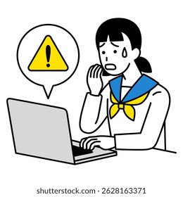 Female student is troubled by an error message displayed on her laptop