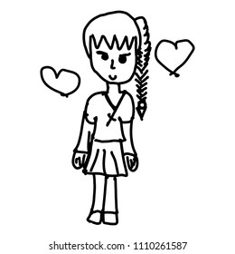 female student with two heart vector illustration sketch doodle hand drawn with black lines isolated on white background