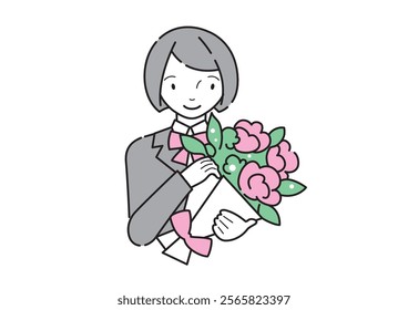 A female student in a uniform (blazer) holding a pink bouquet