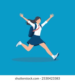 Female student in uniform jumping energetically isolated flat vector illustration