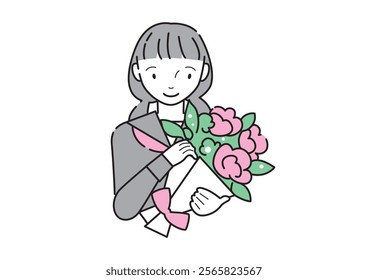 A female student in a uniform (sailor suit) holding a bouquet of pink flowers