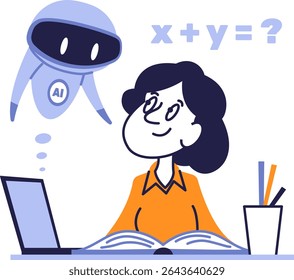 Estudante do sexo feminino usa inteligência artificial para resolver problemas de matemática. Ilustração de vetor plano do conceito de tutoria de IA.