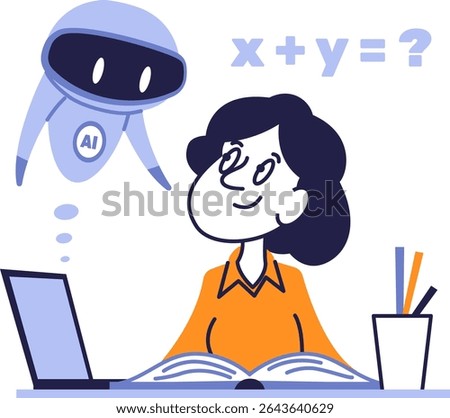 Female Student Using Artificial Intelligence to Solve Math Problems. Flat Vector Illustration of AI Tutoring Concept.