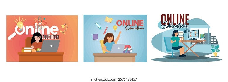 Female Student Using Laptop. Student girl with laptop books and plant. Happy cute little kid have video conference with classmate. Set flat vector modern illustration 