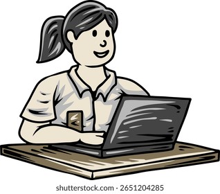 Female student using laptop at school desk illustration