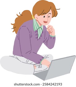 A female student using a laptop. sit down