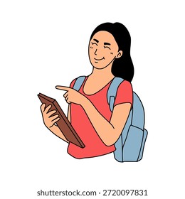 Estudiante femenino que usa la tableta y la ilustración que señala