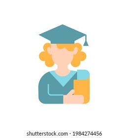 Female student vector flat color icon. Young adulthood. Late adolescence. Graduating girl. University education. Person avatar. Cartoon style clip art for mobile app. Isolated RGB illustration