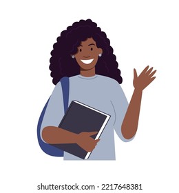 Female student vector illustration. Flat character - young dark skin woman - holding student book and waving hand. Education, university, academic concept.