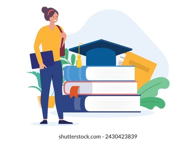 Female student - Vector woman character person in flat design standing with laptop in hand and educational school books in background. Studying and education concept illustration 