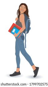 female student walking with books in her hand