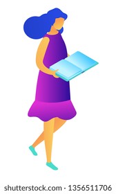 Female student walking with open book and reading, tiny people isometric 3D illustration. Education and university, knowledge and literature, college student concept. Isolated on white background.