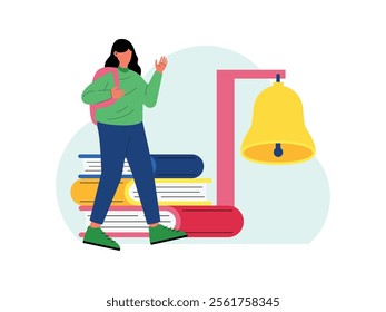 a female student is waving her hand she is carrying her backpack, there is also a large pile of books and a large bell.
design, vector, illustration