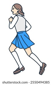 Una estudiante con una chaqueta corre. Ilustración de una chica en uniforme corriendo.