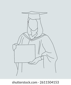 female student wearing a gown and a hat holding a certificate graduating from high school college. Education concept. 