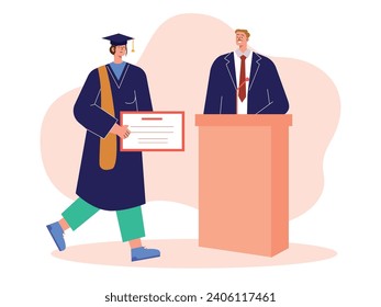 Female student wearing graduation cap and carrying certificate, with professor at university podium. Character design. Vector flat illustration