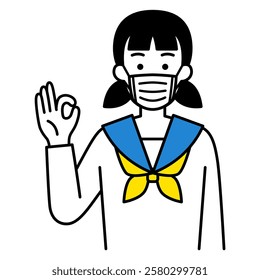 Female student wearing a mask and making an OK sign