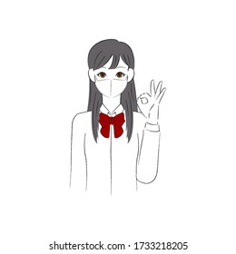 
Female student wearing a mask and pointing to make a circle