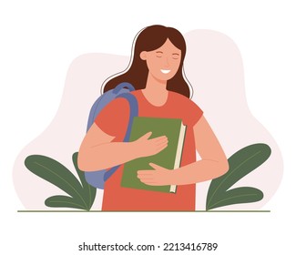 Female student wears a backpack and holds a book. Education in university college concept. Vector illustration