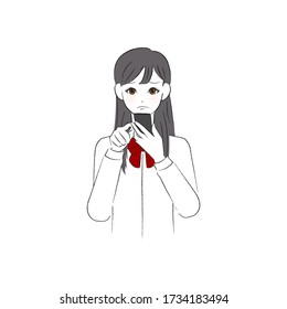 A female student who operates a smartphone with a troubled face