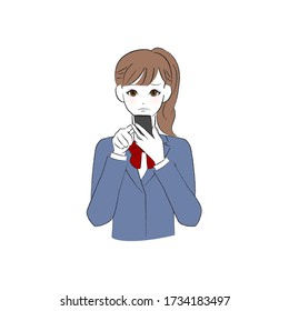 A female student who operates a smartphone with a troubled face