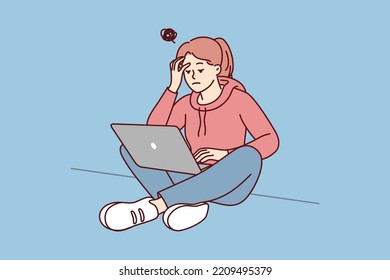 Female student work on laptop thinking suffer from inspiration lack. Stressed woman study on computer struggle with distraction. Vector illustration. 