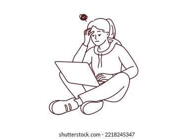 Female student work on laptop thinking suffer from inspiration lack. Stressed woman study on computer struggle with distraction. Vector illustration.