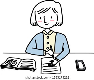 Female student working at desk, reviewing document. Woman sitting at table, reading paperwork. Mobile phone and report displayed out on the table. Happy girl working at desk full of papers and phone.