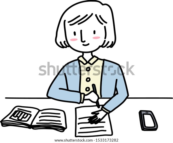Female Student Working Desk Reviewing Document Stock Vector