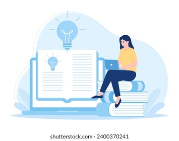 female student working on an assignment using a laptop trending concept flat illustration