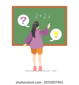 female student writing on chalkboard. math class. isolated on a white background. flat vector illustration. suitable for the theme of class sessions, study, school etc.