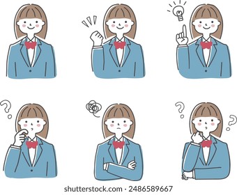 Female student,facial expression set, upper body blazer