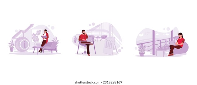 Female students concentrate on writing and taking notes. Freelancer man working with laptop in cafe. Freelance woman sitting relaxed and reporting on the laptop. Trend Modern vector flat illustration.