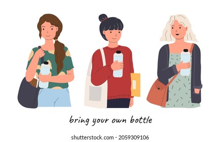 female students in different outfits bring their own bottles vector illustraion. used for social media, website campaign image and other