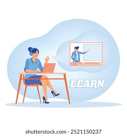 Female students are homeschooled. Listen to explanations from teachers via remote meetings. Online Education concept. Flat vector illustration.