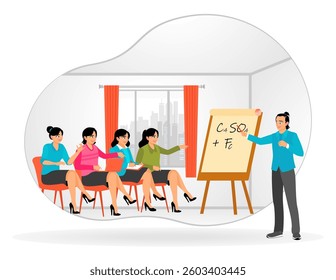 The female students listened attentively and took notes during a class led by a teacher at a middle school. Flat vector illustration