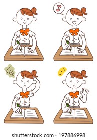 Female students studying. Pose and expression of four