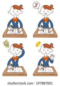 Female students studying. Pose and expression of four