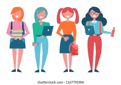 Female students in stylish clothes with heavy backpacks, books piles and modern laptops isolated cartoon vector illustrations set on white background.