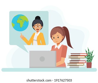 Female Students is watching the lecture on the Internet. Homeschooling characters. Online education concept. Social distancing ,flat vector cartoon character illustration.