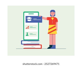 Female students wear uniforms with mobile school display phones, learning online through apps. Character design. Vector flat illustration