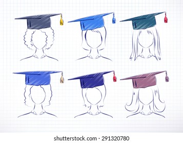 Female students wearing graduation hat. Color and line art vector hand drawn set.