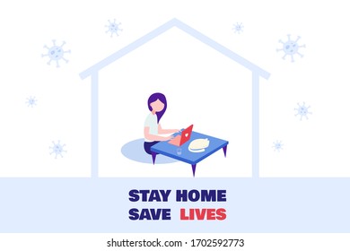 Female studying online or Working from Home WFH. Coronavirus prevention concept. Stay home save lives campaign. Cartoon Flat Vector Illustration.