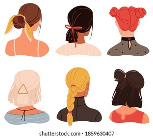 Female stylish hairstyles and accessories. Young women haircuts back view heads, creative modern accessories collection. Blonde, brunette and red hair decoration. Vector isolated trendy portrait set