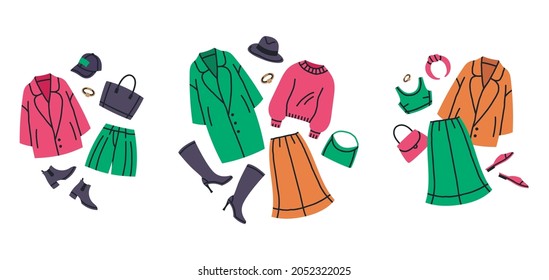 Female stylish wardrobe clothes outfits. Modern casual trendy looks, colorful green and pink outfits cartoon vector illustration set. Fashion bright clothes sets