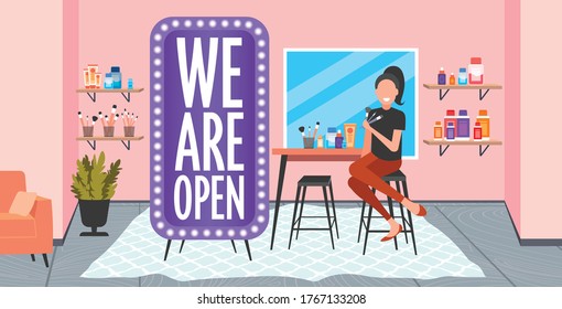 Female Stylist Holding Brushes We Are Open Board Coronavirus Quarantine Is Over Fashion Makeup Concept Beauty Salon Interior Horizontal Full Length Vector Illustration